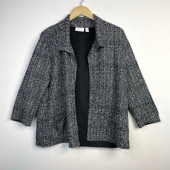 Chicos Lightweight Crinkle Open Jacket Blazer Black White Herringbone 2 L 12 - Picture 1 of 10